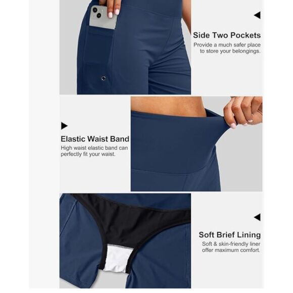 NEW G Gradual Women’s High Waist Swim Shorts Blue XXL NWT Pockets Liner - Picture 3 of 6